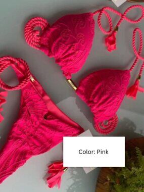 Pink Brazilian Lace Bikini Set | Triangle Tie-Side Swimwear
